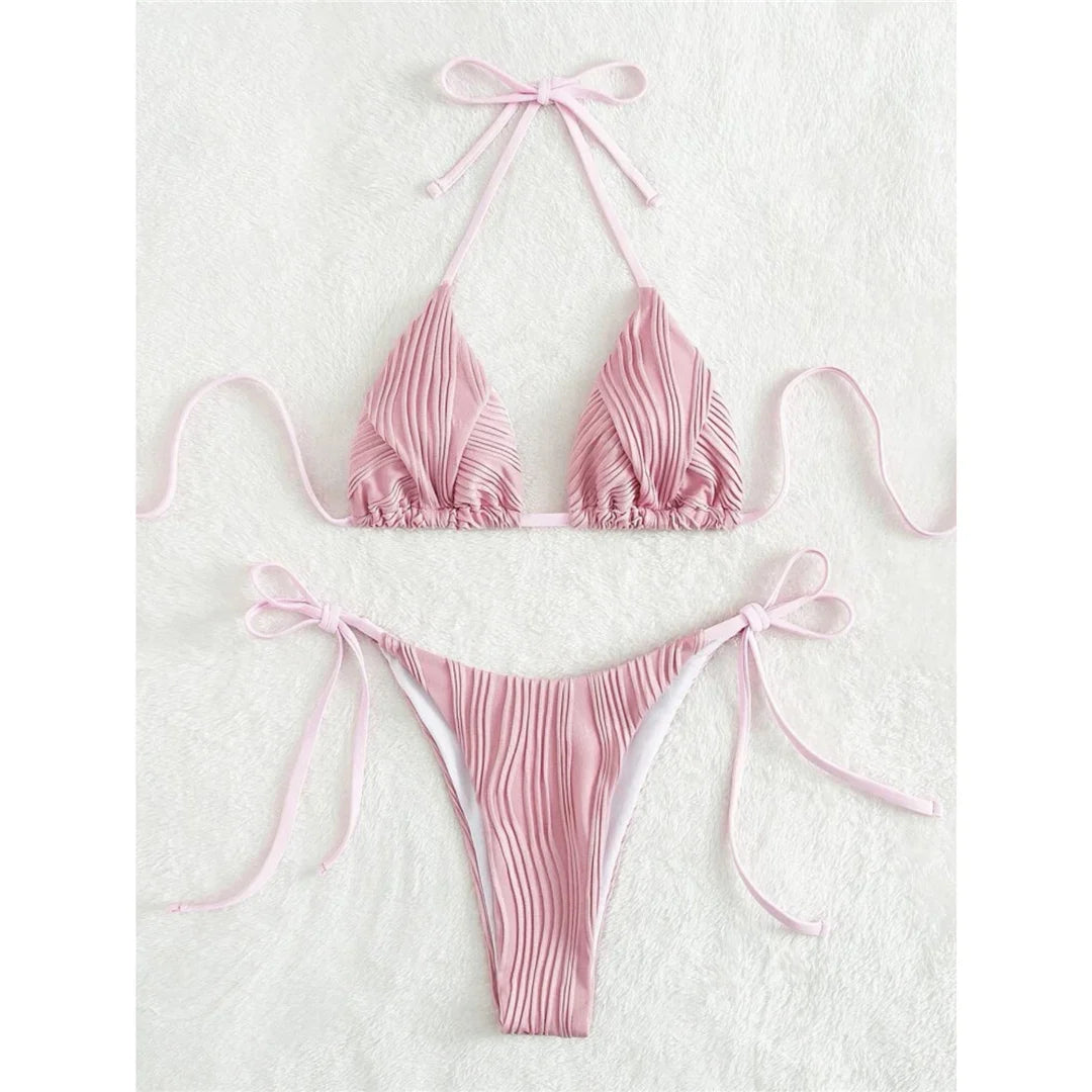 Sexy Wrinkled Halter Brazilian Bikini Female Swimsuit Women Swimwear Two-Pieces Bikini Set Bather Bathing Suit Swim Lady V4101