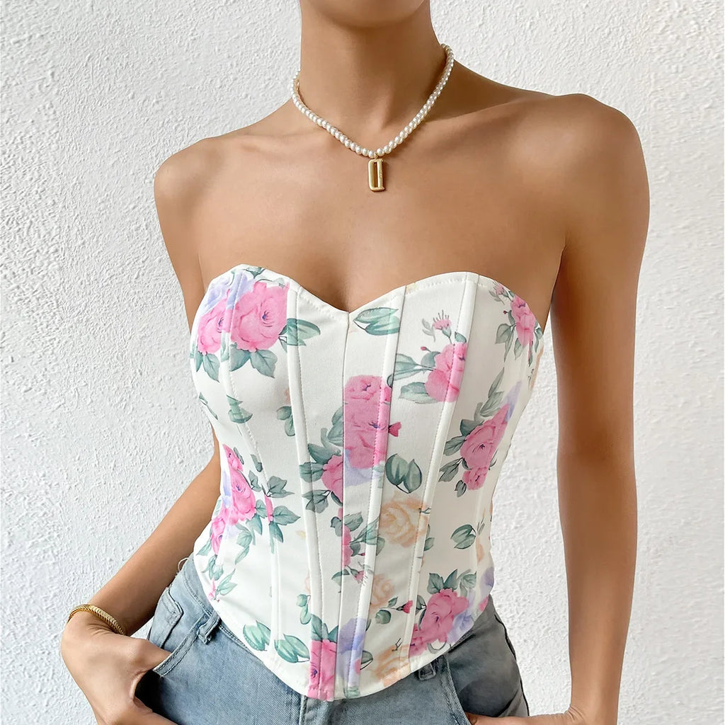 Summer Women Floral Y2K Crop Tops Printed Sleeveless Fishbone Corset Woman Sexy Backless Slim Strapless Streetwear Camisole