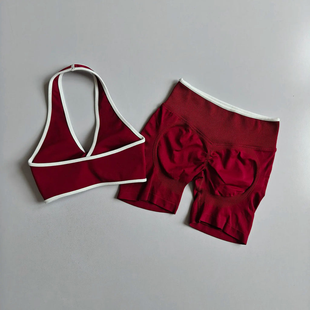 2pcs Women's Seamless Push-up Sports Vest Bra Set with High Elastic Hip Lifting Shorts for Running Aerobics Yoga