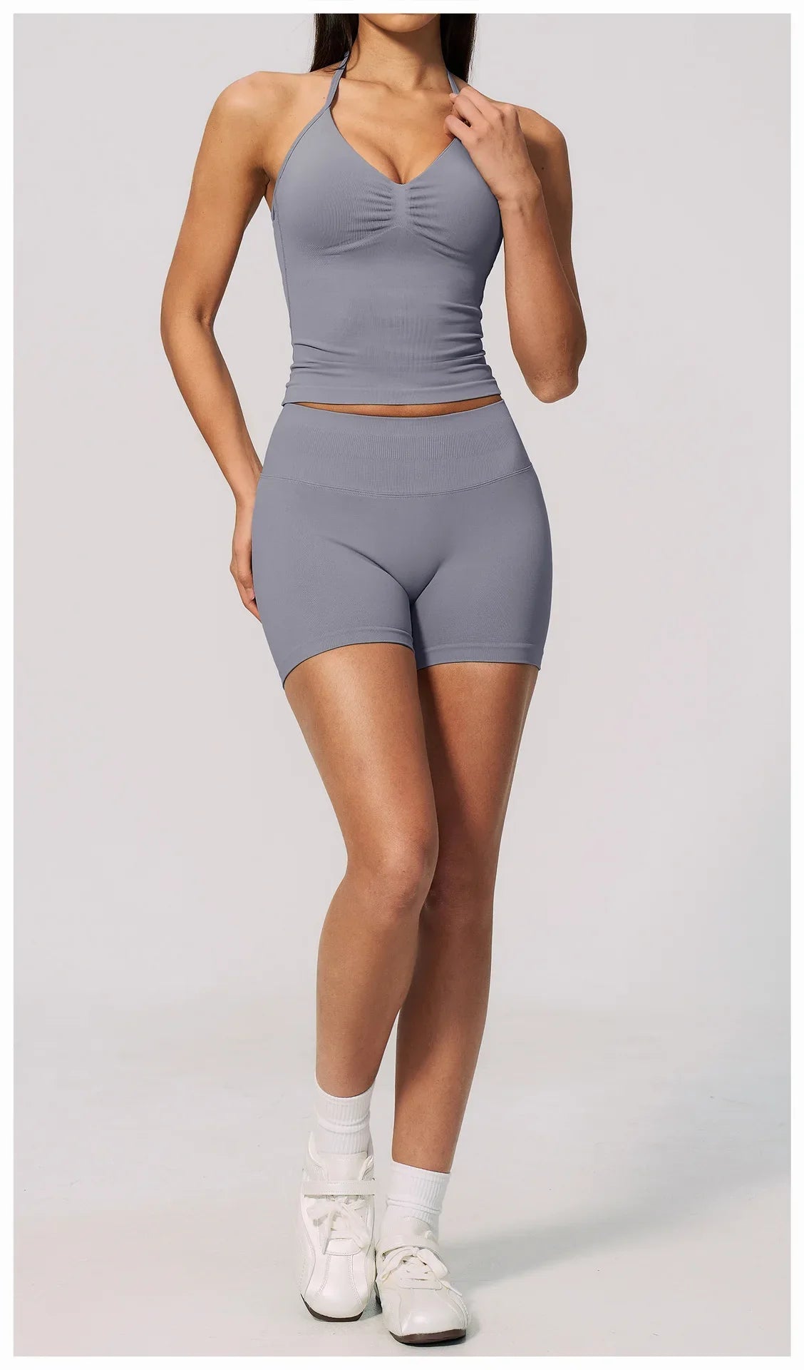 2pcs Seamless Lycra Sports Yoga Sets Women's Hanging Neck Tank Top High Elasticity Hip Lifting Shorts Workout Outfits Tracksuit