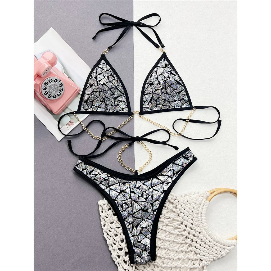 New Bling Sequins Halter Metal Chains Bikini Women Swimwear Female Swimsuit Two-Pieces Bikini Set Bather Bathing Suit Swim V4865