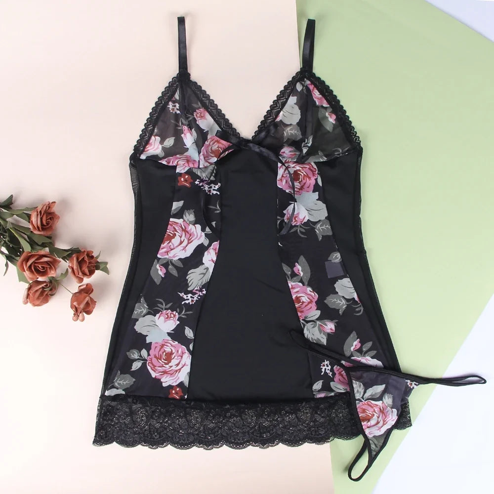 Sexy Women Mesh Printed Honeymoon Nightgown Lace Trim Adjustable Strap Sleep Dress Sheer Black Chemise Lingerie XS-L With Thong