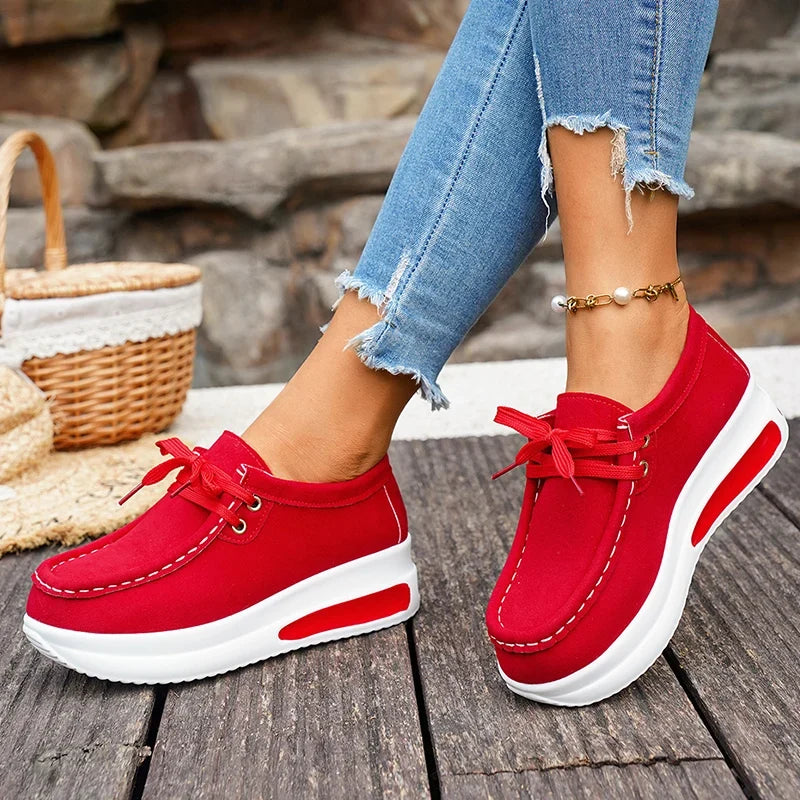 Red Chunky Platform Sneakers Women Comfortable Non Slip Thick Sole Casual Shoes Woman Plus Size 43 Lace Up Sport Shoes Female