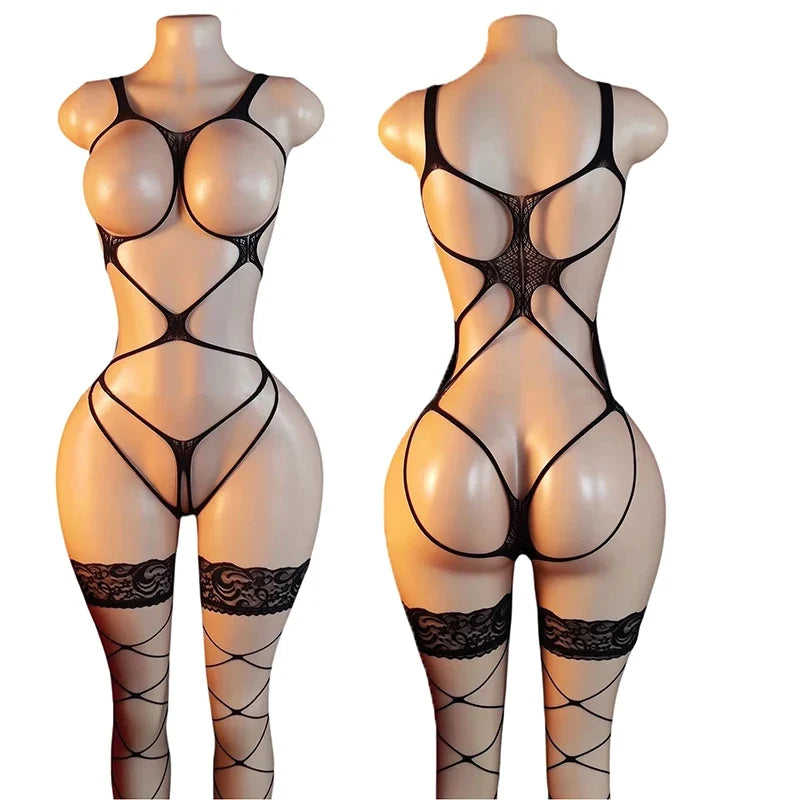 One Piece Open Bra Crotchless Bodystocking Transparent Sexy Lace Lingerie Plus Size Fishnet Bodysuit Teddy Pajamas EroticApparel