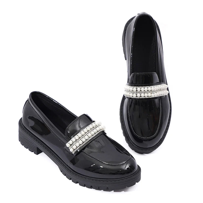 Fashion Pearls Decor Platform Loafers Women College Style Thick Heels Pu Leather Shoes Woman Plus Size 43 Student Shoes Female