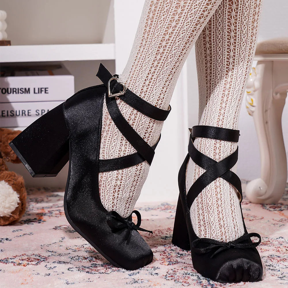 2025 Summer Cute Satin Pink Lolita Block Heels Mary Janes Shoes Women Sweet Buckle Cross-Strap Ballet Pumps Wedding High Heeled