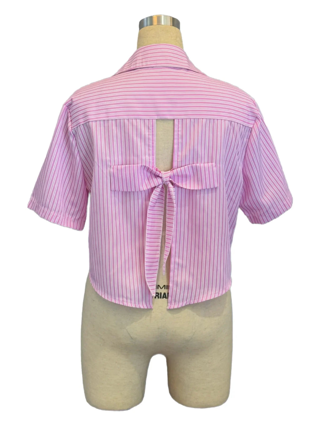 Y2K Style Pink Striped Crop Blouse for Women Short Sleeve Lapel Button-Up Women's Shirt Back Tie Top Lady Summer Casual Outfit