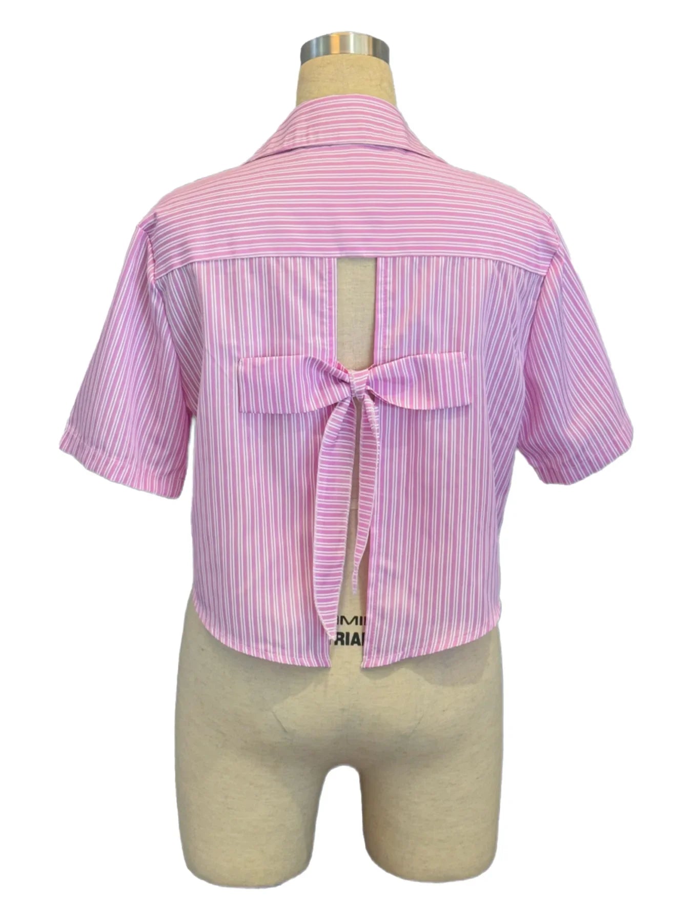 Y2K Style Pink Striped Crop Blouse for Women Short Sleeve Lapel Button-Up Women's Shirt Back Tie Top Lady Summer Casual Outfit