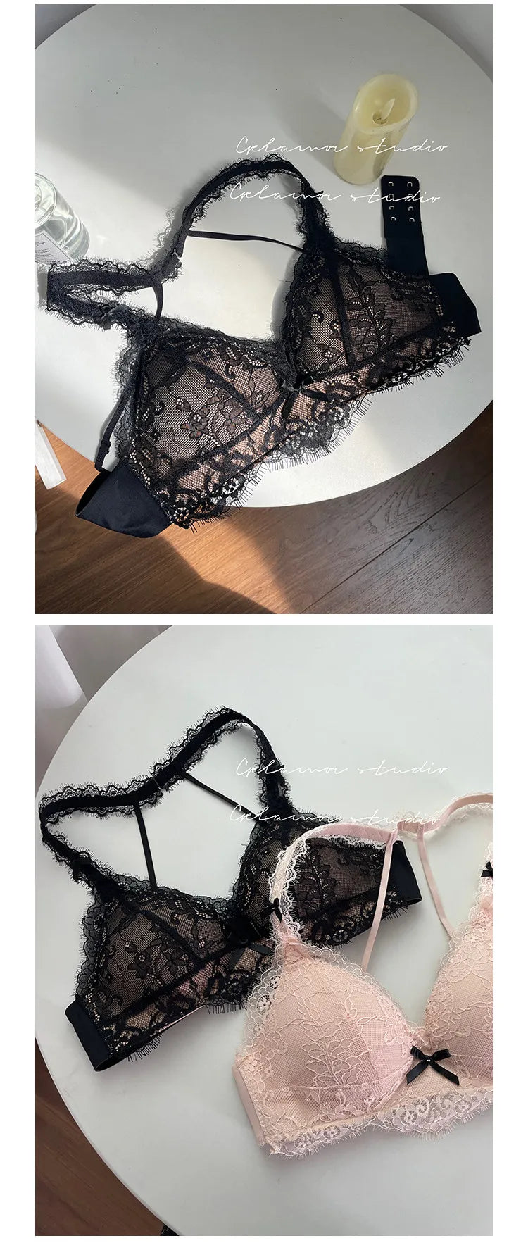 Elegant French Halter Neck Bra Set, Lace Wireless Bralette for Small Bust, Push Up Sensual Underwear Bralette & Panty MOYISU Bra