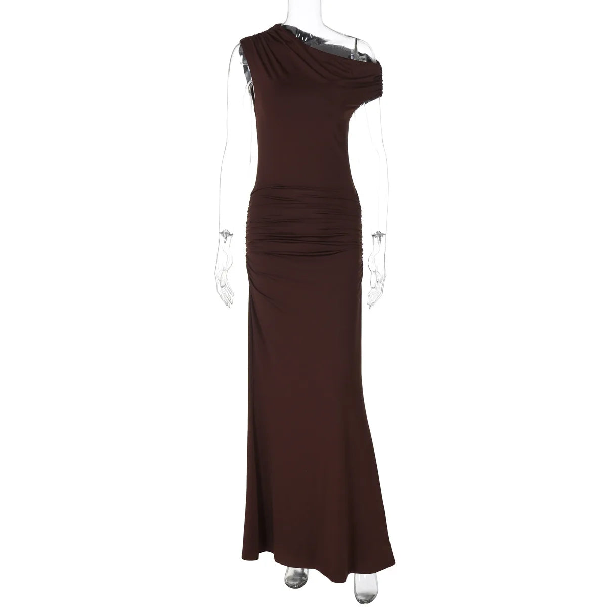FDYOUI Woman Clothes Diagonal Collar Ruched Brown Long Dresses 2026 Summer Lady Chic One Shoulder Sleeveless Tunics Party Dress