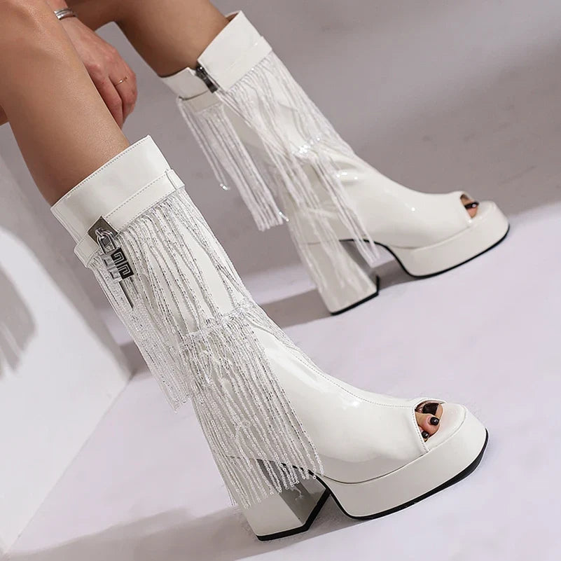 Plus Size Women White Patent Leather Fringe Tassel Mid Calf Boots Peep Toe Platform Block Heel Open Toe Party Club Heels