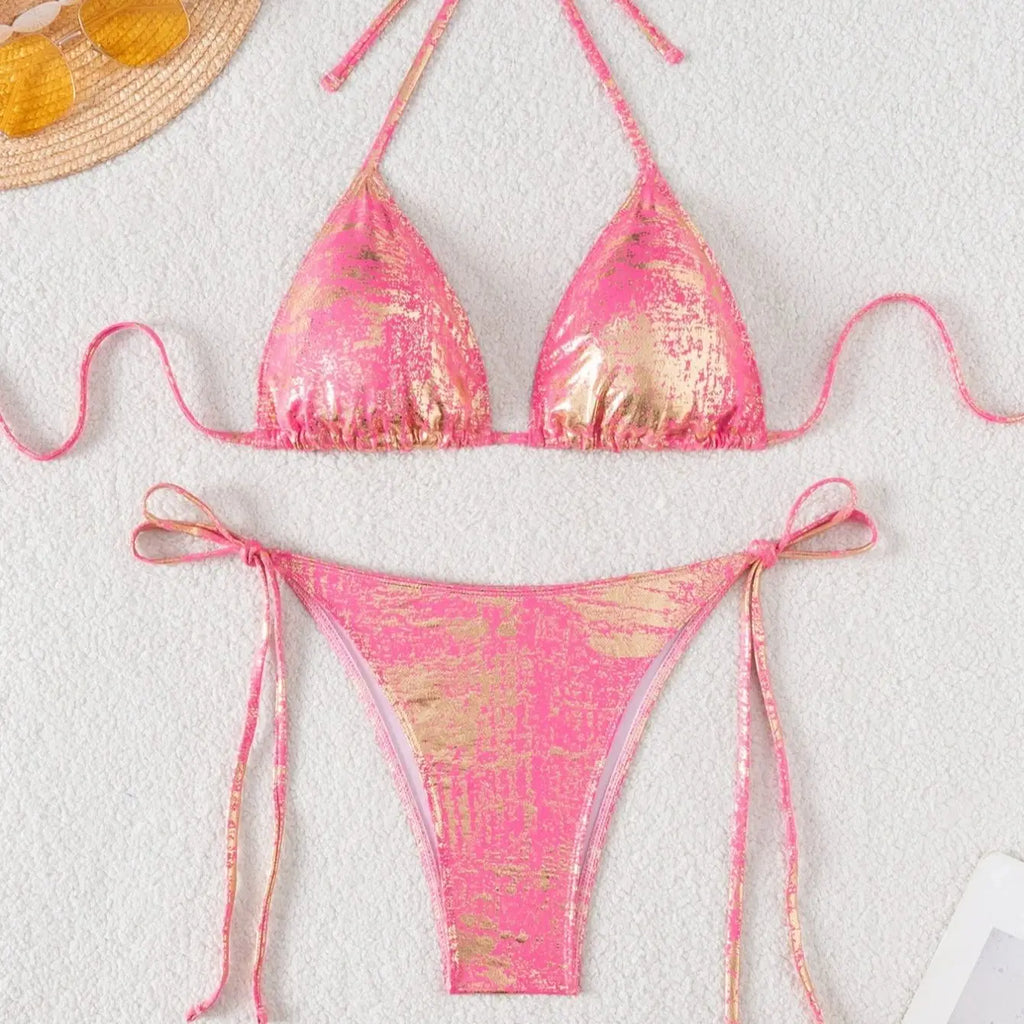 DEKA Sexy Gold Halter Bikinis Sets Lace-Up Triangle Tie Side Bikini Swimsuit Women Swimwear Brazilian Female Bathing Suits
