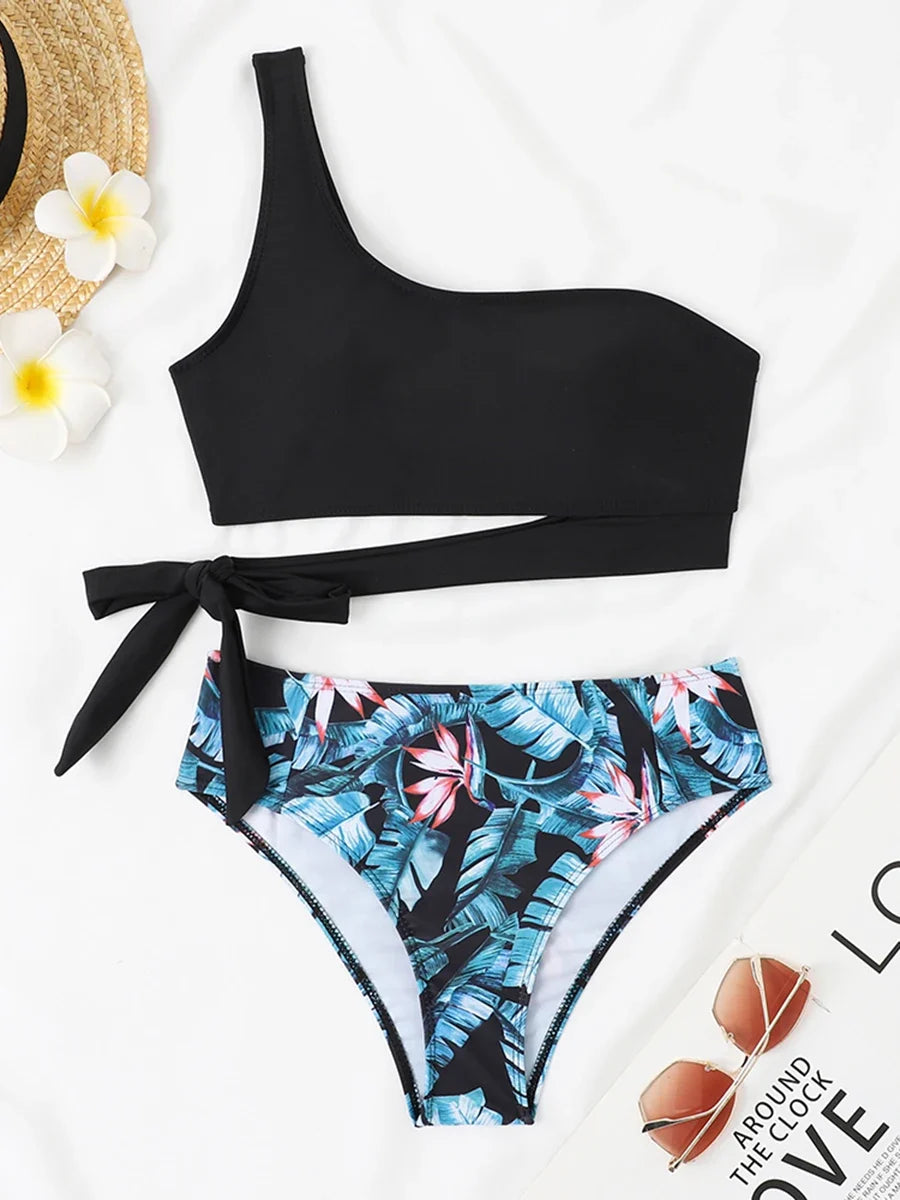 One Shoulder Bikini Set Sexy 2025 Swimsuit Women Solid Padded Swimwear Female Bathers Bathing Swimming Swim Suit Beachwear