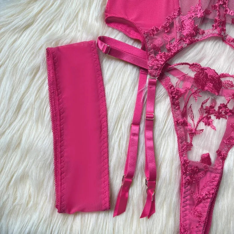 Toucheart Sexy Lingerie Embroidery Printing Bra Garters Set For Women Mesh See- Through Hollow Out Exotic Sexy Underwear Suit