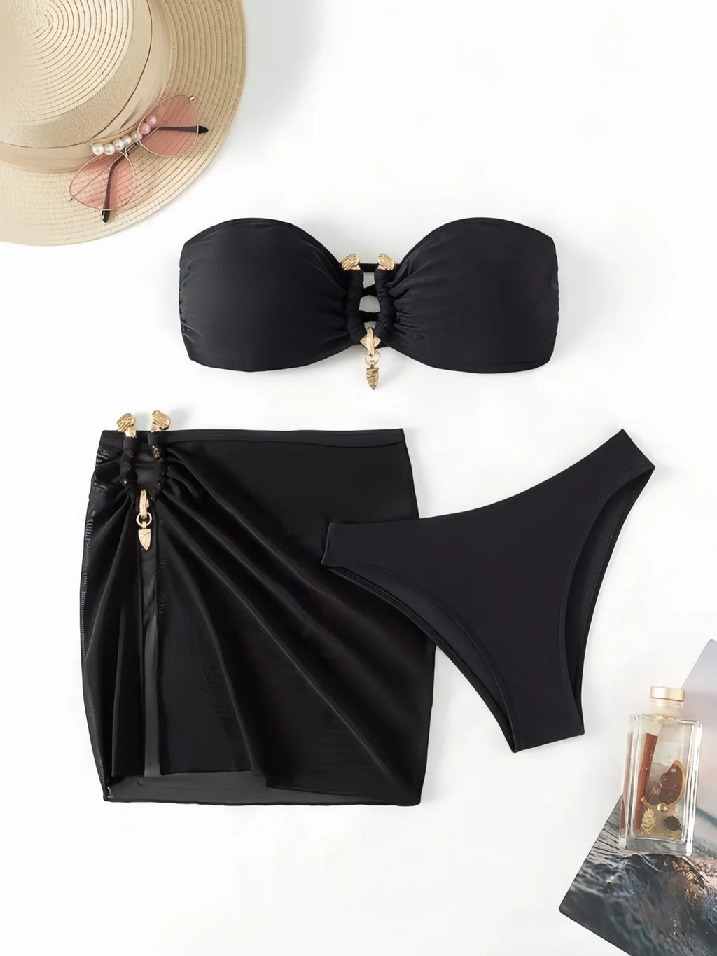 3 Pieces Ring Linked Bandeau Bikinis 2026 Solid Swimwear Female Sexy Swimsuit Women Bathers Bathing Swimming Swim Suit