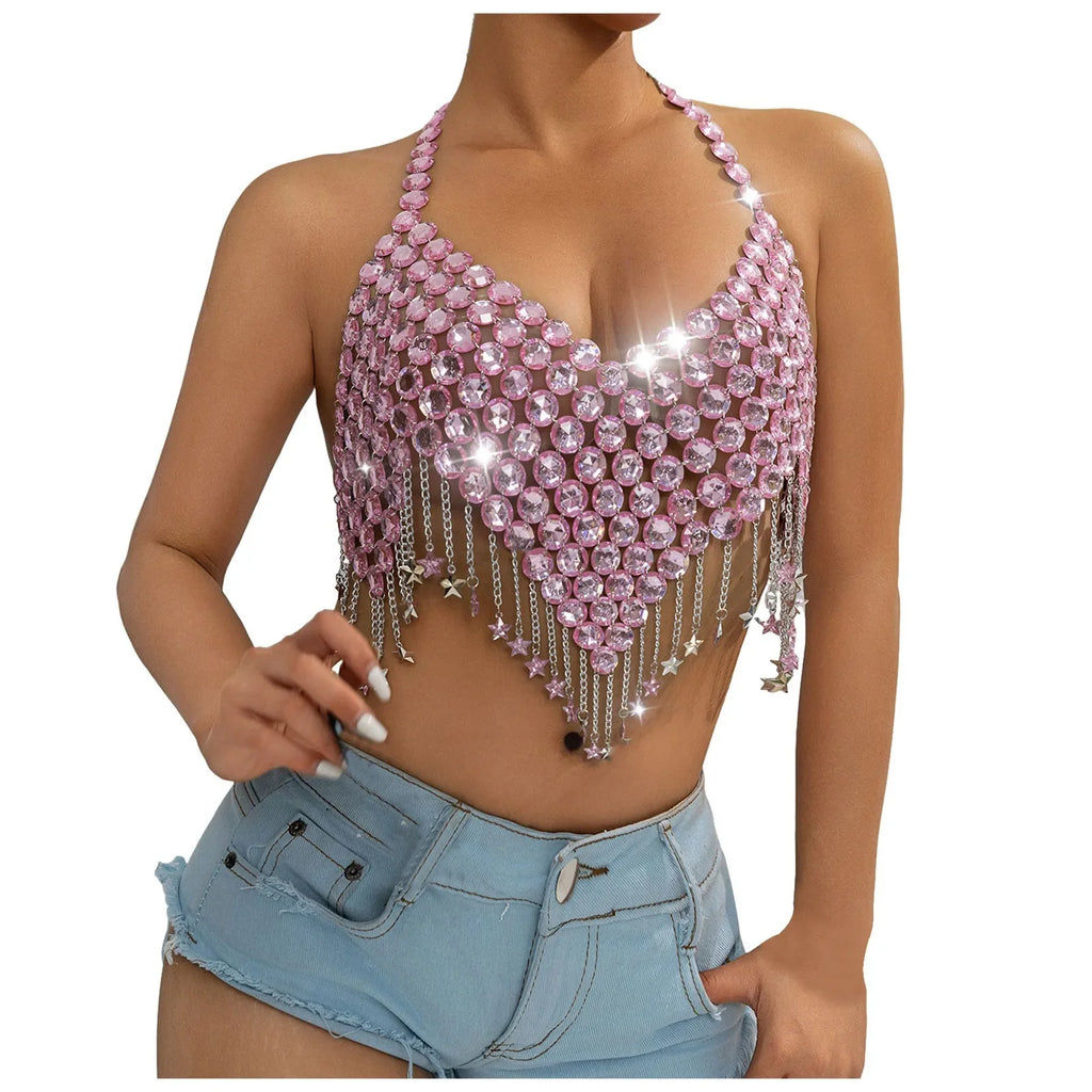 Vest Pink Rhinestone Crystal Chain Halter Crop Top For Women Sparkly Mesh Bralette With Star Tassel Fringe Sexy Party Clubwear