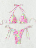 Blue Floral Print 2 Piece Micro Bikini Set for Women 2025 New Push Up Bra Thong Swimsuit Beach Bathing Suit Holiday Swimwear