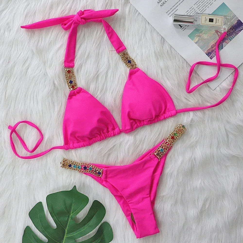 Bikini 2026 Sexy Solid Swimwear Swimsuit Women Rhinestone Metal Chain Bikinis Set Bathing Suit Beach Female Halter Bikinis Mujer