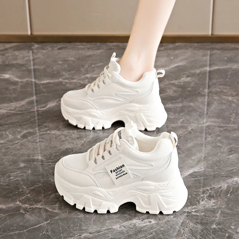 Fashion Lace Up Chunky Sneakers for Women Comfort Breathable Platform Sports Shoes Woman Pu Leather Thick Bottom Running Shoes