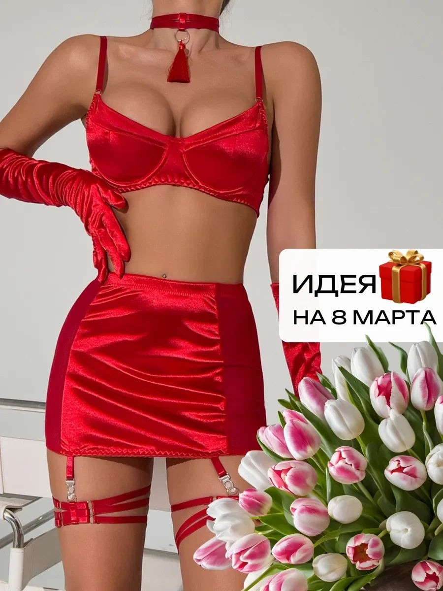 Toucheart Hot Lingerie Women Sexy Tassel Tempting Satin Spliced Mesh ip Skirt with Gloves Split Erotic Lingerie Sexy Underwear