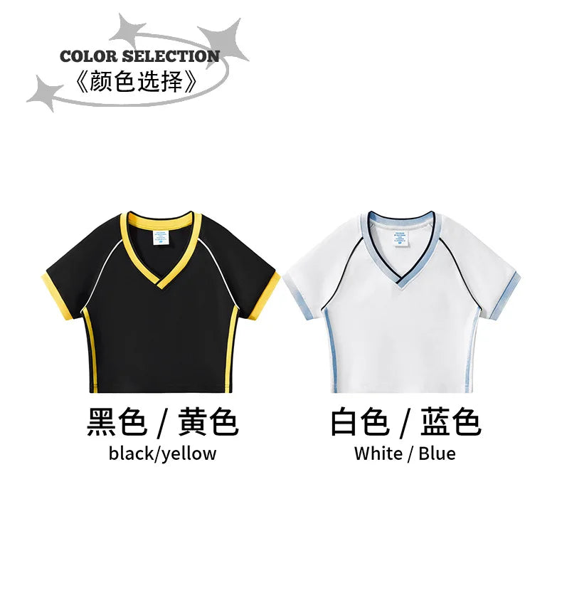Hot girl top V-neck exposed navel contrasting color splicing clothes women's street short-sleeved T-shirt