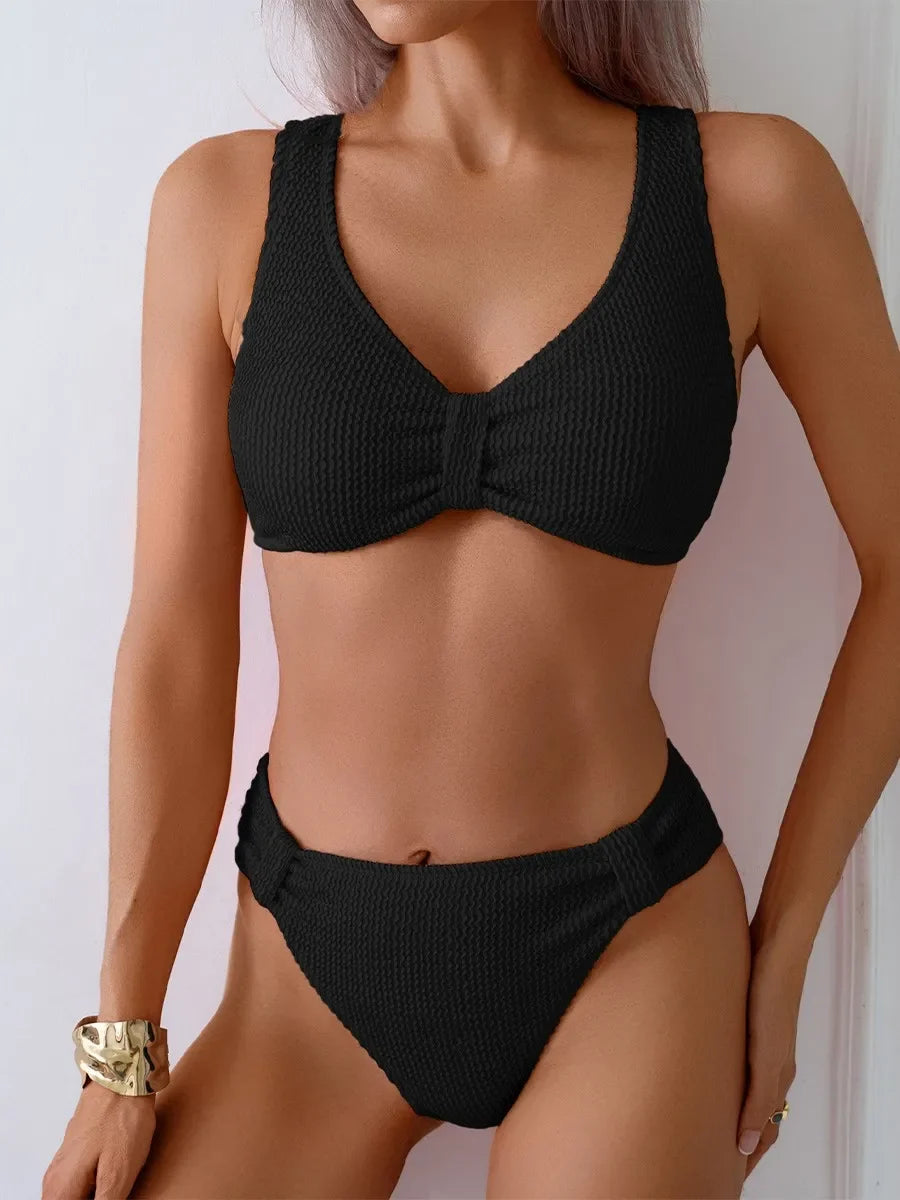 2026 Summer New Women's 2 Piece Swimsuit Solid Color High Waist Bikini Set V-neck Backless Beach Vacation Bathing Suit Swimwear