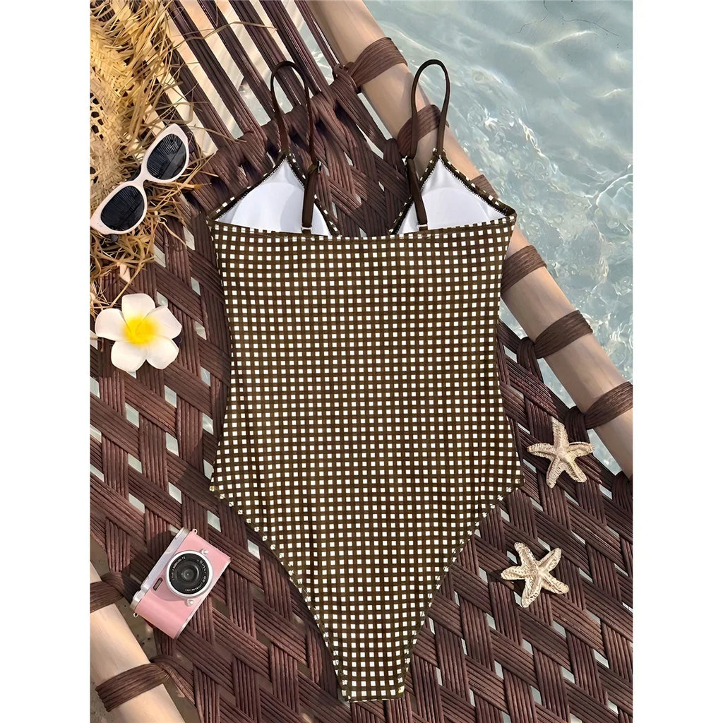 S - XL Striped Plaid V Neck Women Swimwear One Piece Swimsuit Female Frilled High Leg Cut Padded Bather Bathing Suit Swim V8288