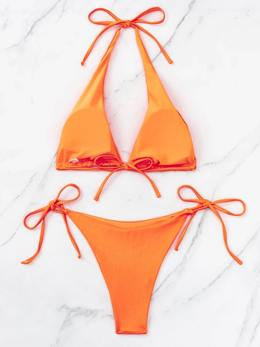 String Bikini 2026 Women Solid Halter Swimsuit Sexy Tie Side Swimwear Female Bathing Swimming Swim Suit Beachwear