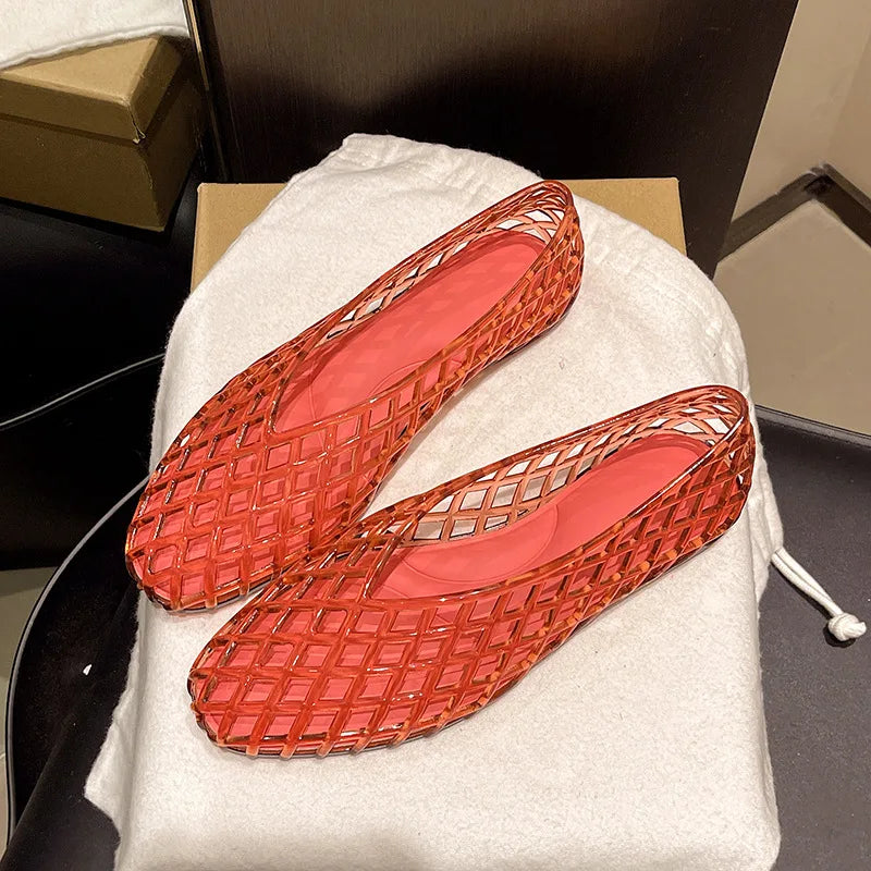 Women Crystal Jelly Shoes Girls Fashion Summer Flats Sandals V-mouth Slip-on Style Soft Sole Girls Daily Walking Driving Flats
