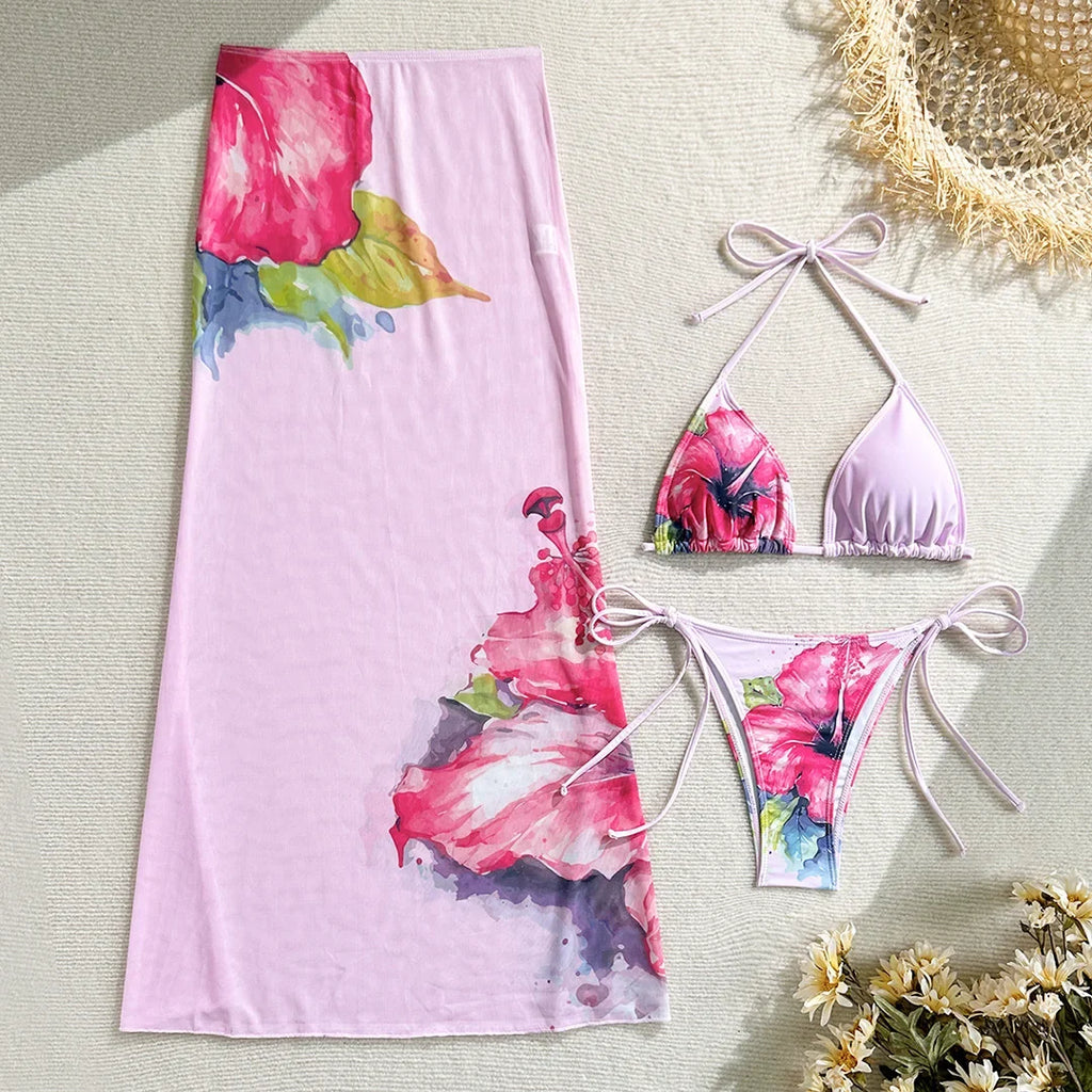 10 Color Flowers Halter Bikini Female Swimsuit Women Swimwear Three-pieces Bikini set With Skirt Bather Bathing Suit Swim V6637C