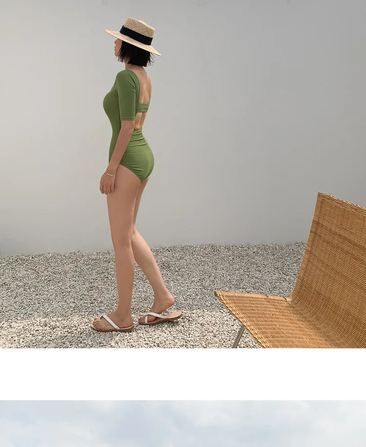 New Korea Sexy Mesh Cut Hollow Out High Waist Swimsuit Lady Monokini One Piece Swimwear Women Swim Bath Suit