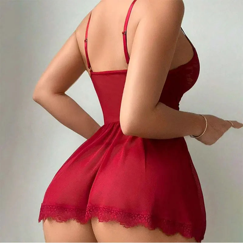 New Sexy Lingerie For Woman Women Lace Hollow Bodysuit Baby Doll Garters Dress Transparent  Deep V Open Bra And Panty Underwear