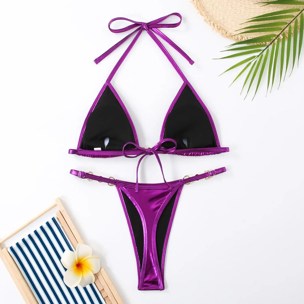 PU Leather Pearls Bikini Mini Micro Thong Bikinis Women Swimwear Female Swimsuit Two-piece Bikini Set Halter Bathing Suit Swim