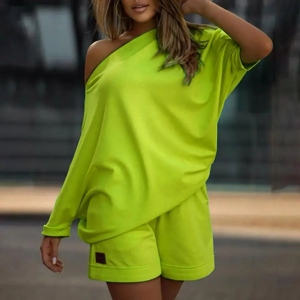 2 Pcs/Set Women Tracksuit One-shoulder Short Pants Solid Color Leisure Summer Top Set