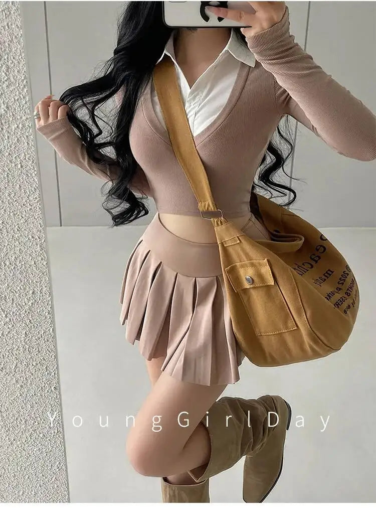 WOMENGAGA Fahsion Women Skorts Spicy Girl Sexy High Waist SlimA-LINE Pleated Skirt Half Body Short Skirt Sweet Korean Style 8NDZ