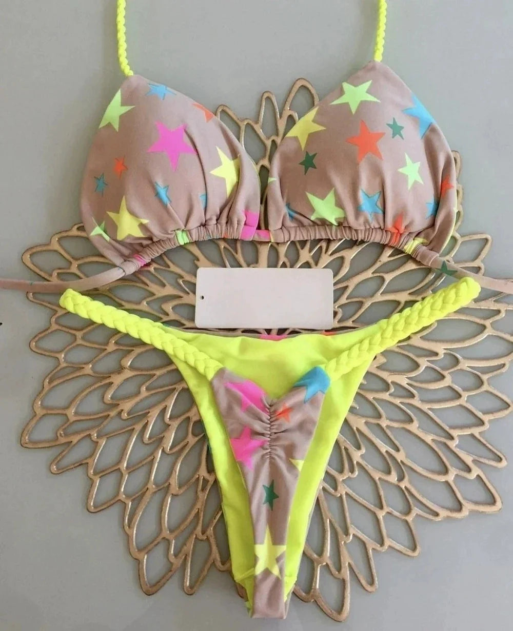 DEKA Sexy Green Floral Print Bikini Set Swimwear Women Braiding Rope Strap Patchwork Bandage Push Up Bathing Suit Thong Swimsuit