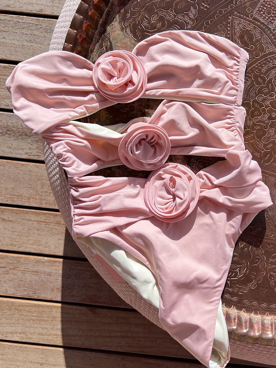 Sexy 3D Flowers Bandeau Monokini Hollow Out Female Swimwear One Piece Swimsuit Women High Cut Bathing Suit Swim Lady Beach wear