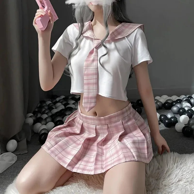 Japanese Sweet Plaid Cheerleading School Girl Cosplay Student Uniform Role Play Sexy Costume Sex Lingerie for Women