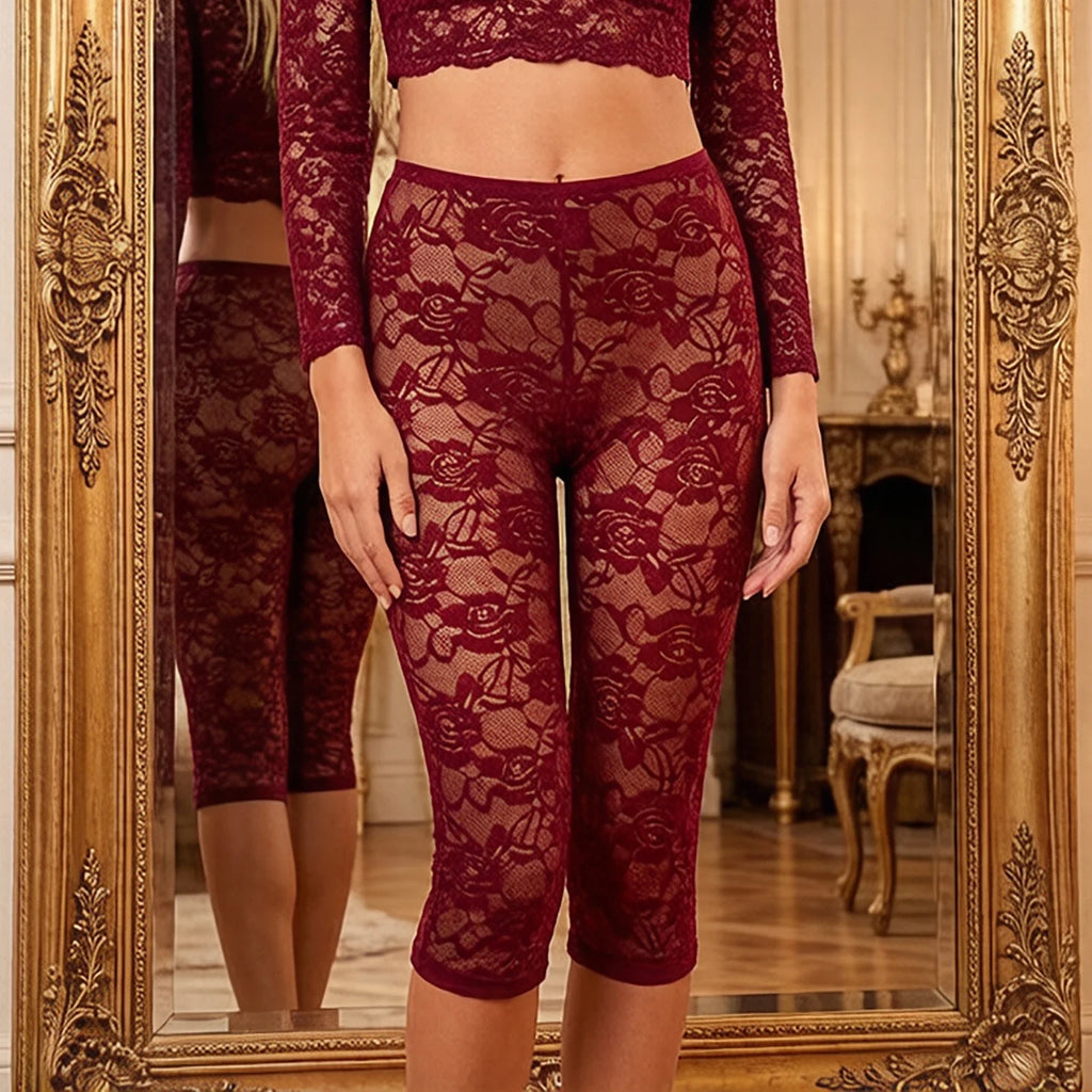 Women Burgundy Floral Lace Capri Leggings Sheer See Through Knee Length Pants High Waist Slim Fit Casual Summer Streetwear