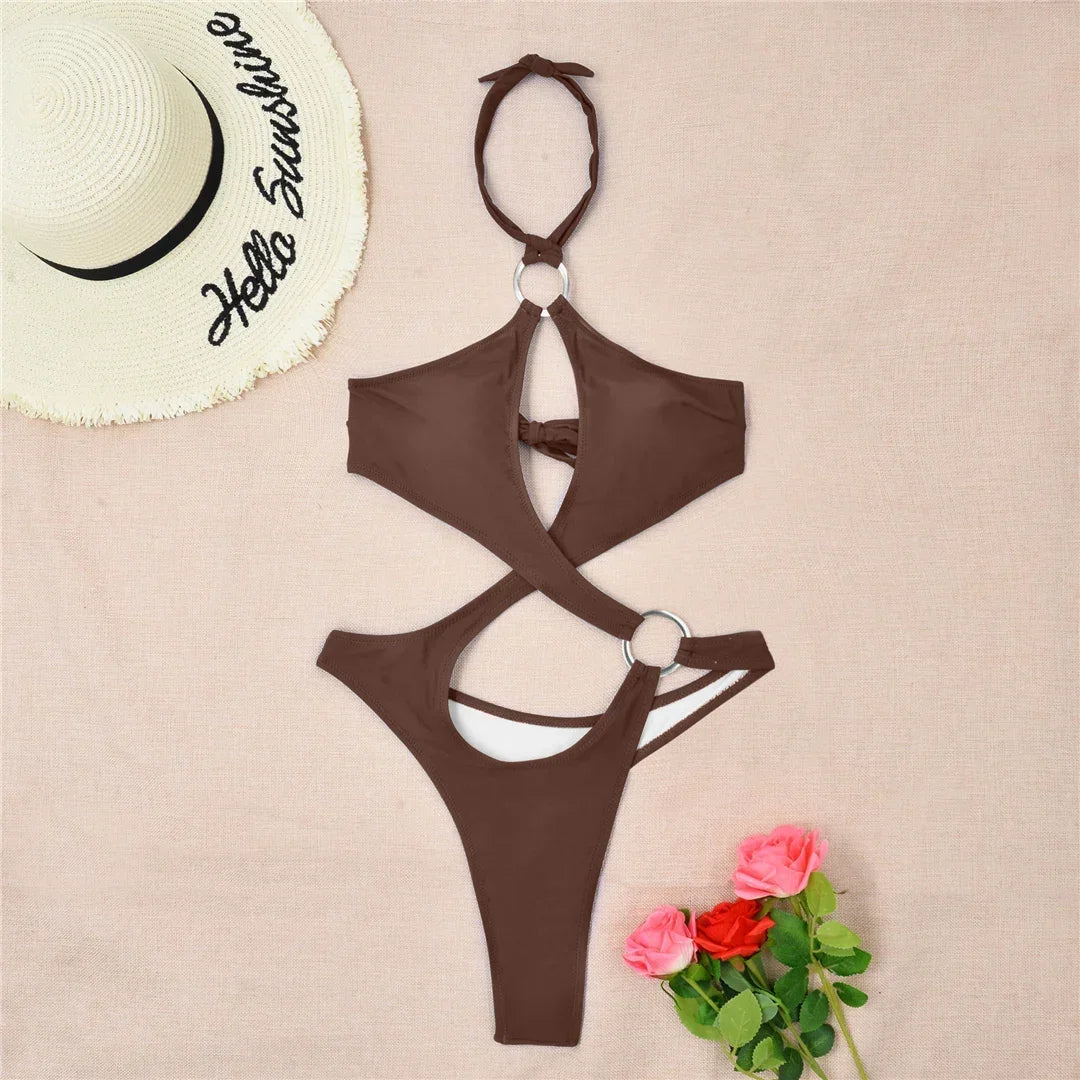 Sexy Tummy Cut Out Halter Women Thong Swimwear One Piece Swimsuit Female High Cut Monokini Rings Bathing Suit Swim Beach Wear