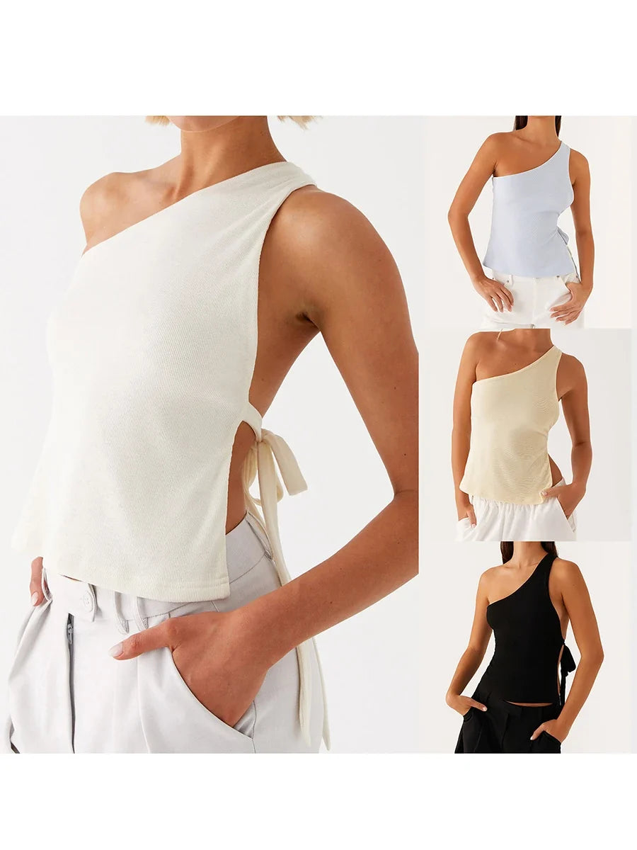 Women Off One Shoulder Tank Tops Solid Color Stylish Side Tie Design Vest Summer Fashion Streetwear