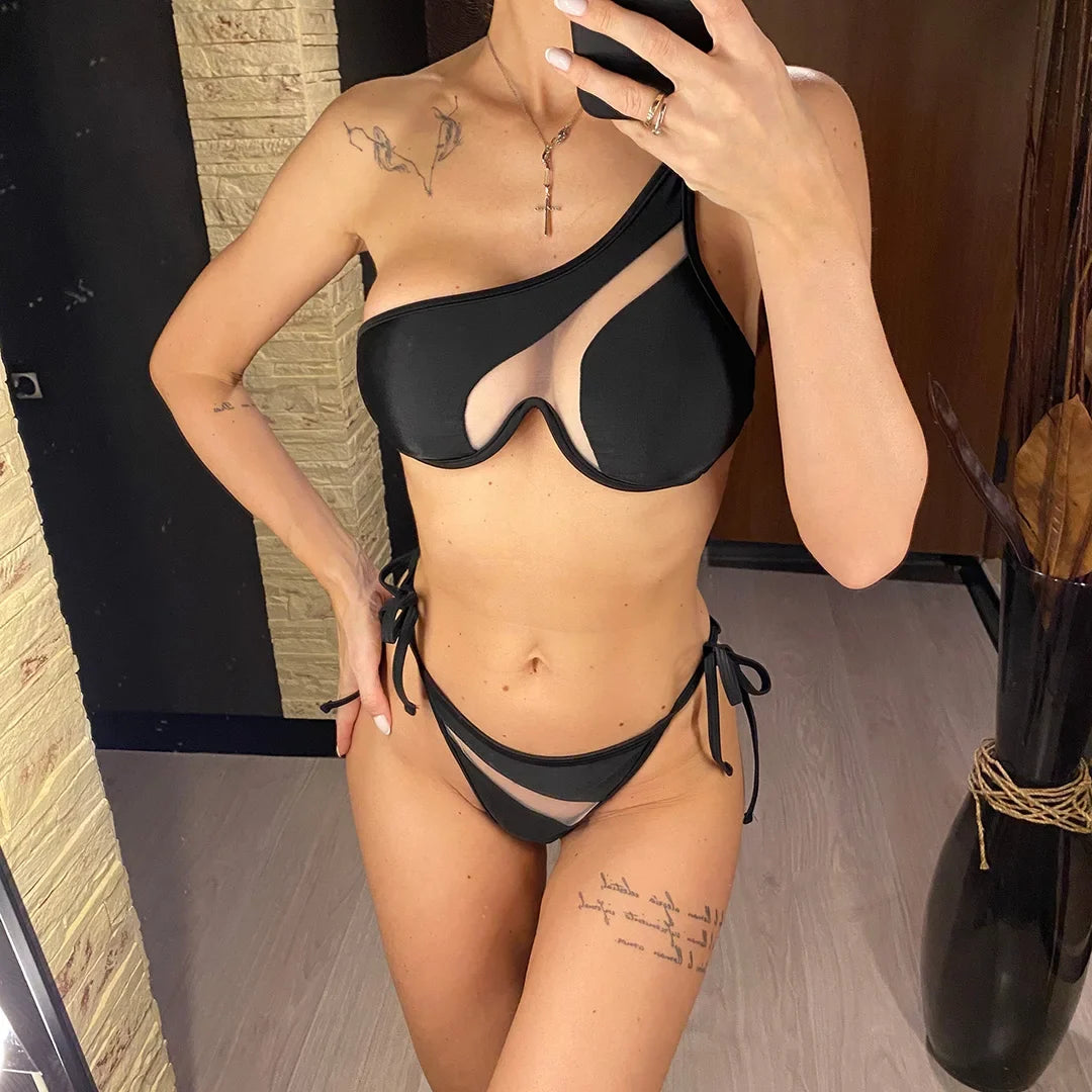 Sexy One Shoulder Underwired V-Bar Bikini Female Swimsuit Women Swimwear Two-pieces Bikini Set Bather Bathing Suit Swim V4229