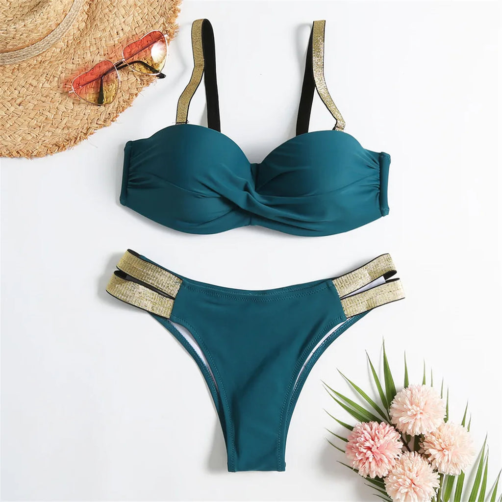 New S - XL Bra Bikini Push Up Swimsuit Female Swimwear Women Two-Pieces Bikini Set With Cup Bather Bathing Suit Swim Lady V2310