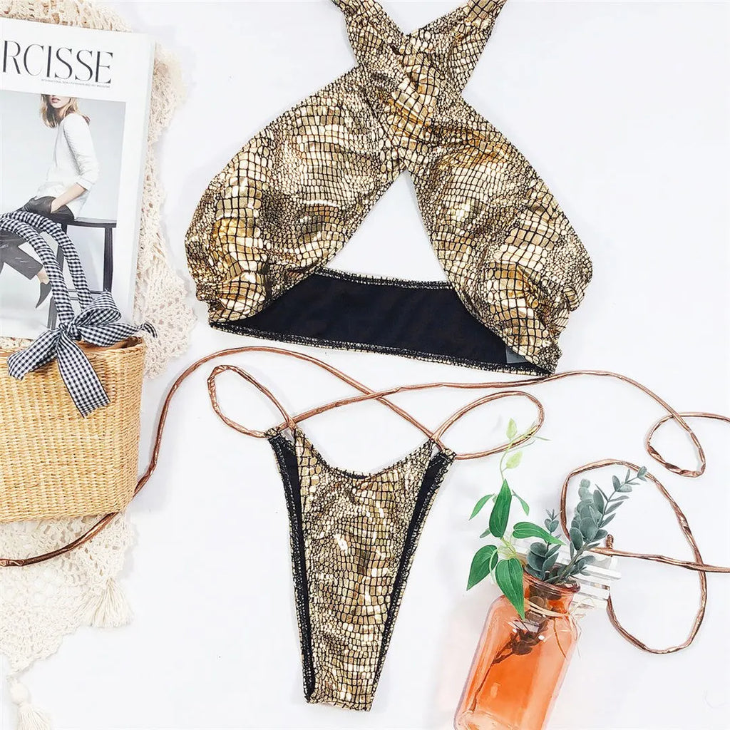 2026 Shiny Halter Thong Bikini Women Swimwear Female Swimsuit Two-Pieces Bikini Set Wrap Around Bather Bathing Suit Swim V2089