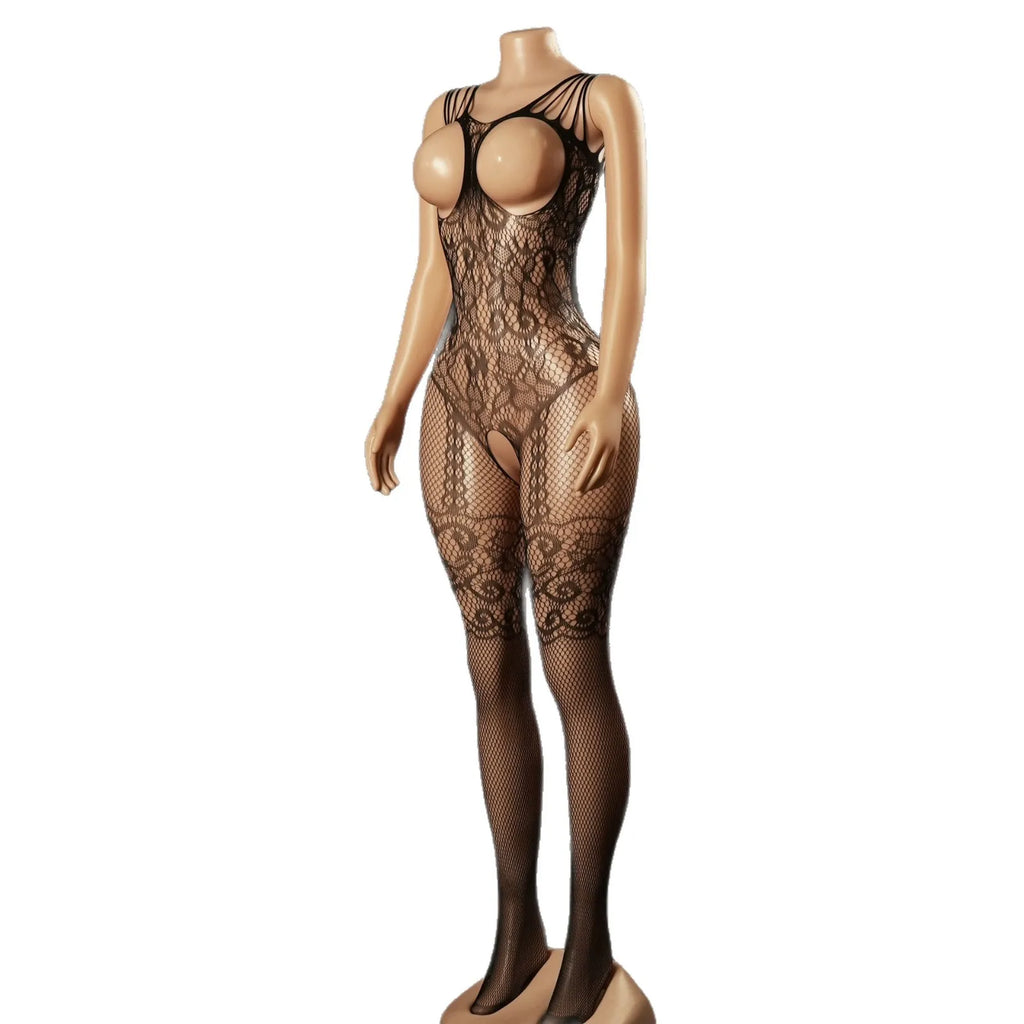 Sexy Bodysuit With Hollowed-out Chest Mesh Sexy One-piece Jacquard Open-crotch Halter Neck Backless Deep V Sleeveless Charm 57AF