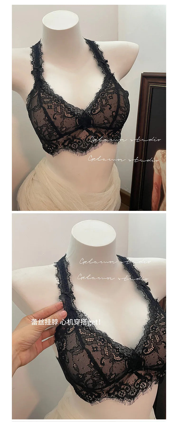 Elegant French Halter Neck Bra Set, Lace Wireless Bralette for Small Bust, Push Up Sensual Underwear Bralette & Panty MOYISU Bra