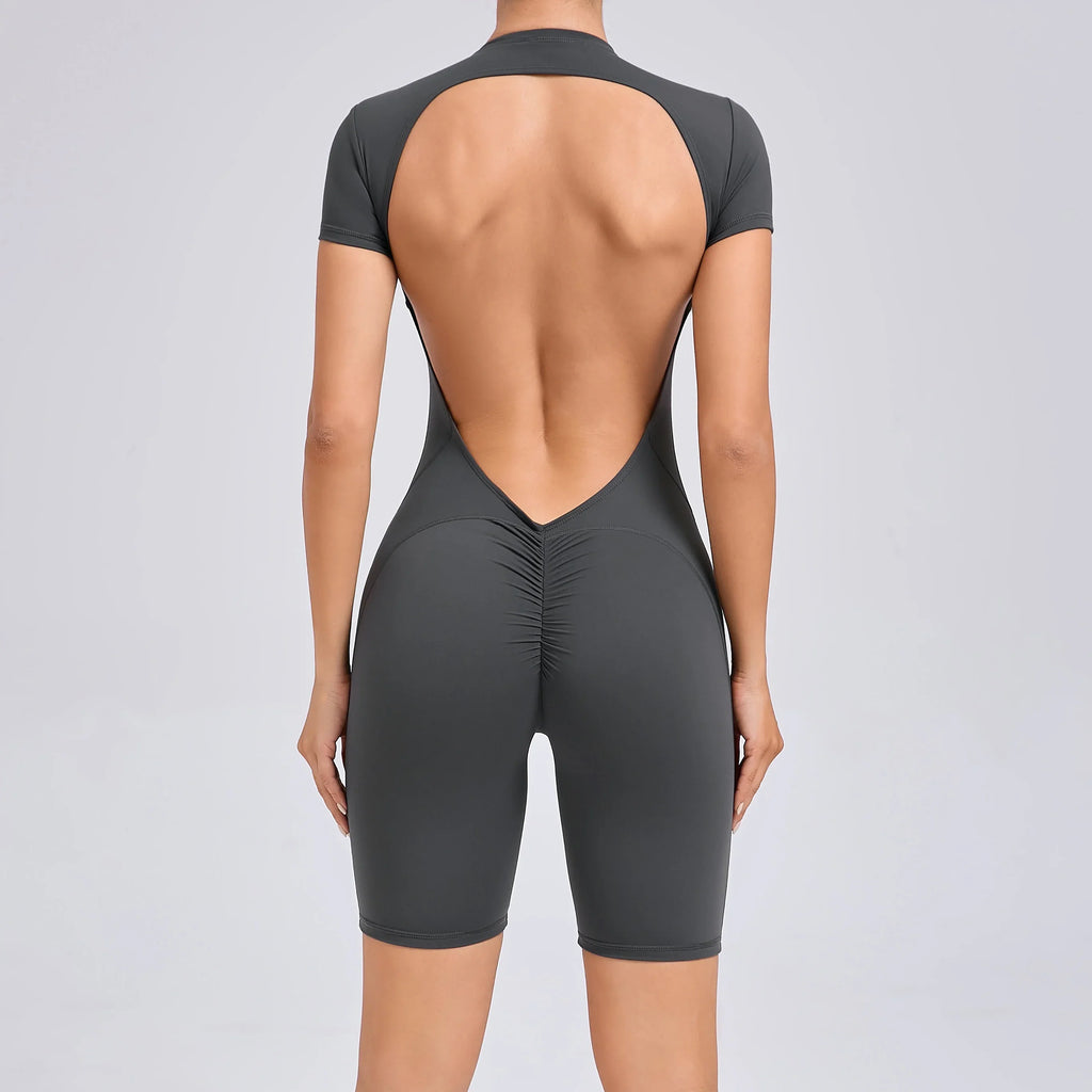 Padded Backless Yoga Cycling jumpsuit  Women Zipper GYM Sportswear Fitness One Piece Sports Suit V Back Workout Playsuit
