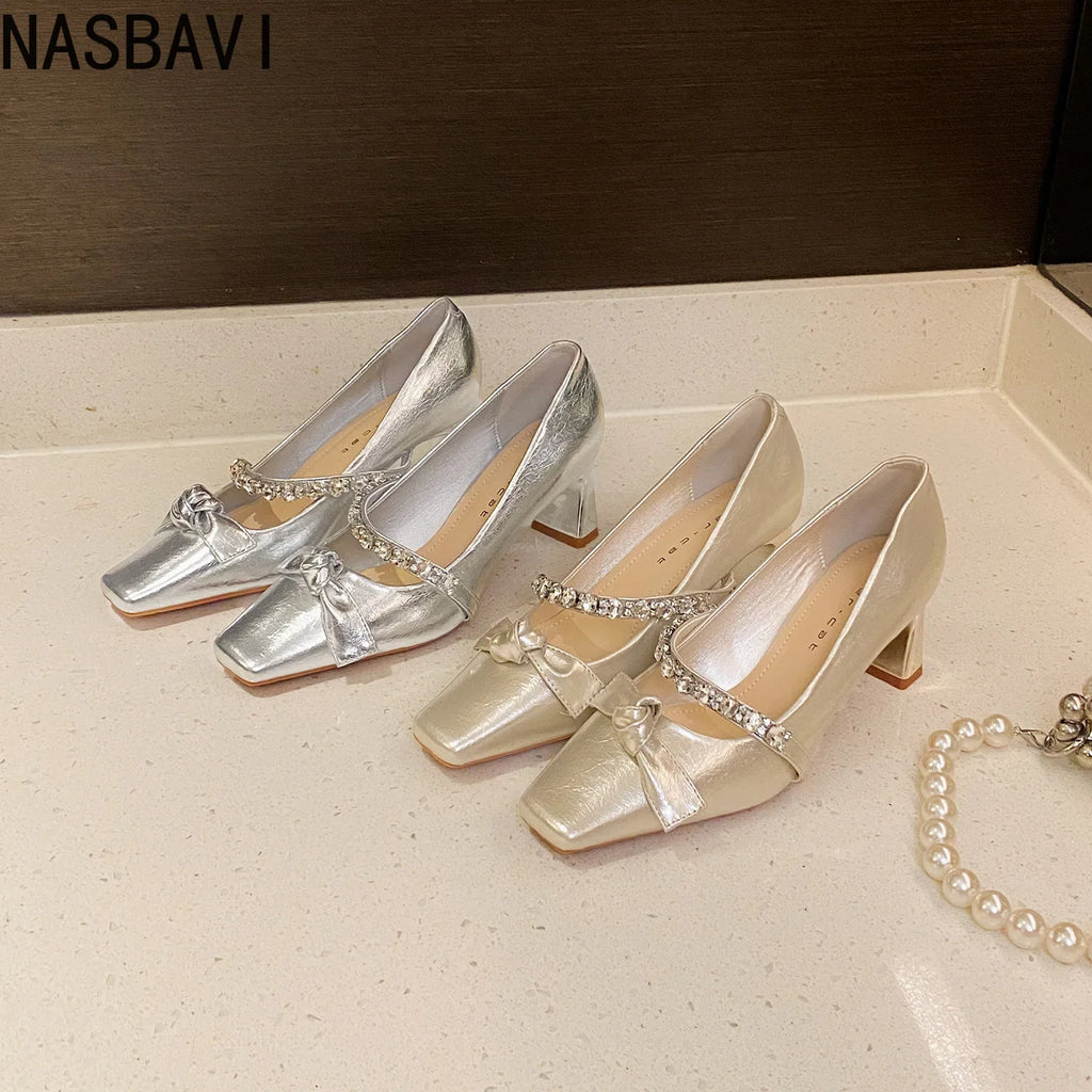 Women's High Heels Mary Janes Square Head Embellished with Water Diamonds Low Cut Knots Thick Heels Fashionable Party Shoes