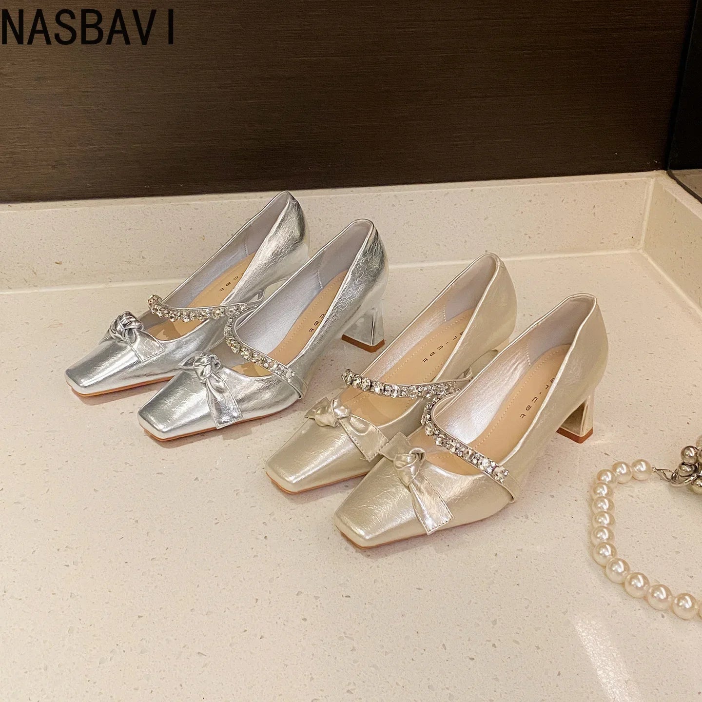 Women's High Heels Mary Janes Square Head Embellished with Water Diamonds Low Cut Knots Thick Heels Fashionable Party Shoes
