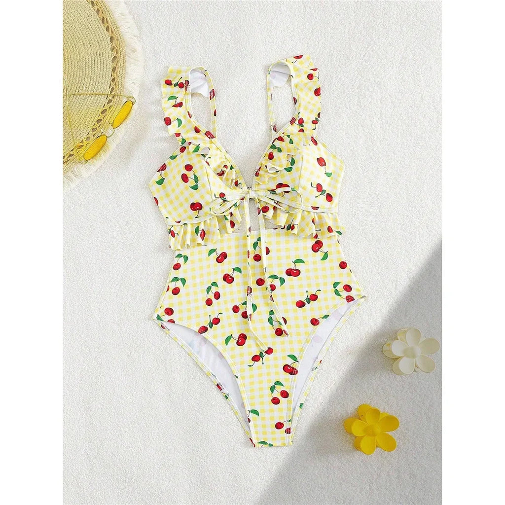 S - XL Cherry Printed Plaid Cut Out One Piece Swimsuit Women Swimwear Female Frilled High Leg Cut Bather Bathing Suit Swim V7557